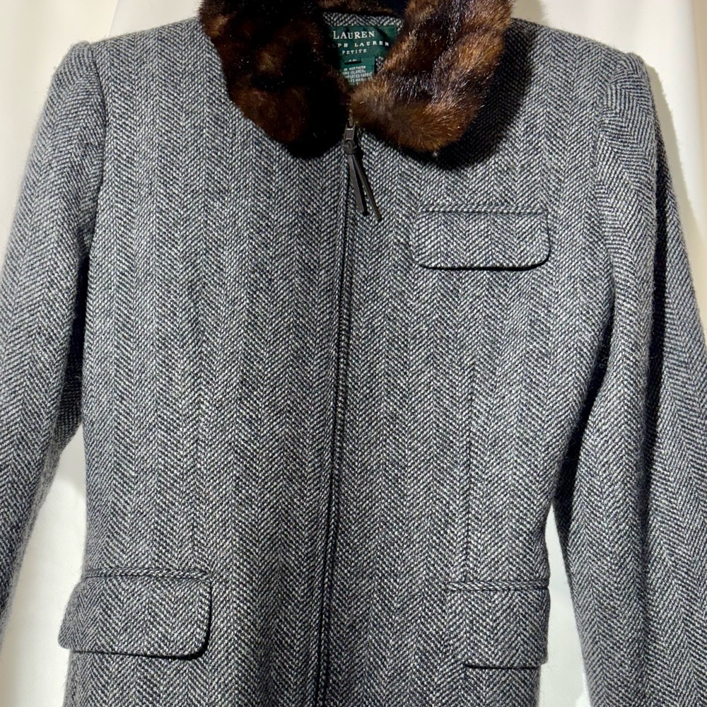 Ralph Lauren Herringbone Gray Pea Coat with Faux Fur Collar